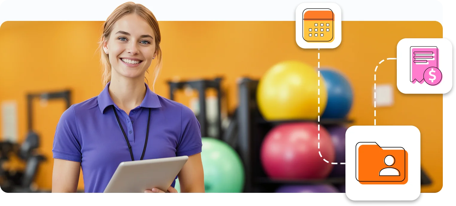 Smiling physiotherapist using tablet in clinic with software icons for calendar, billing, and documentation